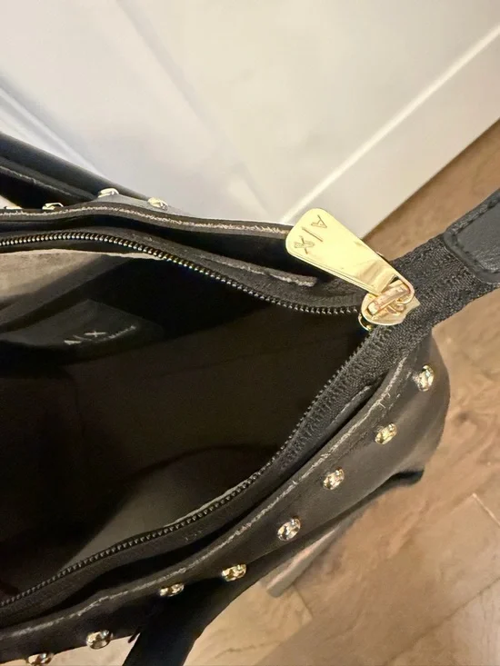 A|X Armani Exchange Black Studded Tote Bag Zip Top Large Shoulder Bag - Picture 8 of 9